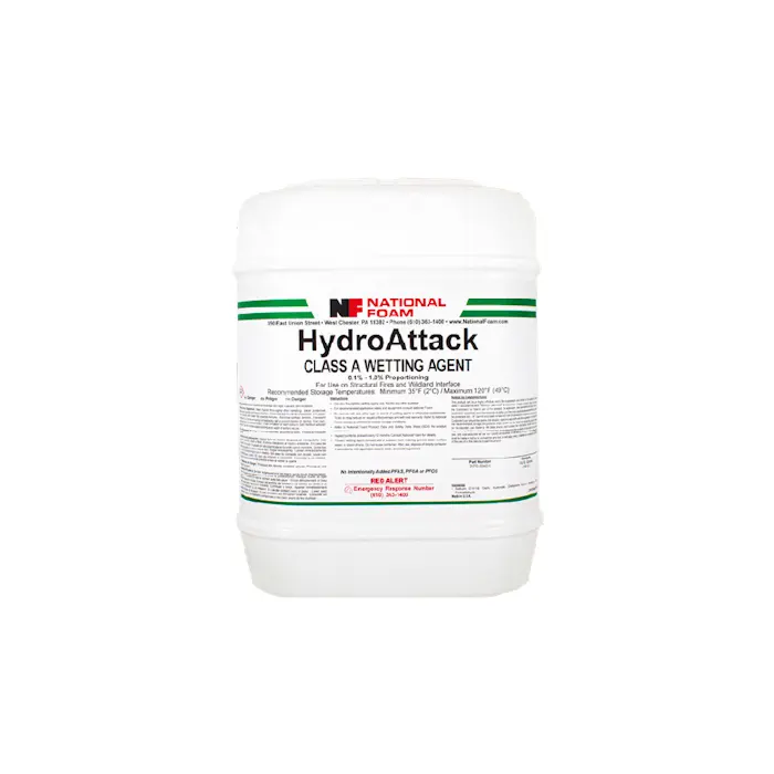 National Foam HydroAttack Class A Wetting Agent Concentrate container, a high-performance firefighting additive designed to improve water penetration and suppression efficiency for Class A structural and wildland fires.