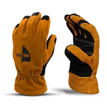 MajFire M8G Structural Firefighting Gloves – Gauntlet shown in tan split leather with black reinforced palm and fingers, featuring an extended gauntlet cuff for added wrist protection and a secure, durable fit.