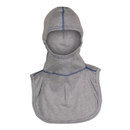 MajFire PRO-X2 VSROYAL GY Hood shown in grey flame-resistant fabric with blue contrast stitching, featuring a full-coverage design for enhanced protection, comfort, and a secure fit.