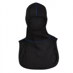 MajFire PRO-X2 VSROYAL BLK Hood shown in black flame-resistant fabric with blue contrast stitching, featuring a full-coverage design for enhanced protection, comfort, and a secure fit.