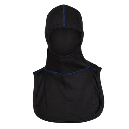 MajFire PRO-X2 VSROYAL BLK Hood shown in black flame-resistant fabric with blue contrast stitching, featuring a full-coverage design for enhanced protection, comfort, and a secure fit.