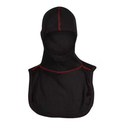 MajFire PRO-X2 VSRED BLK Hood shown in black flame-resistant fabric with red contrast stitching, featuring a full-coverage design for enhanced protection, comfort, and a secure fit.