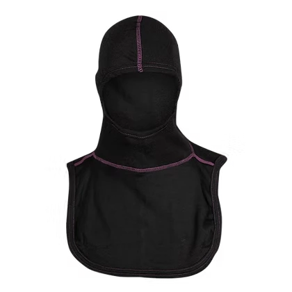 MajFire PRO-X2 VSP BLK Hood shown in black flame-resistant fabric with purple contrast stitching, featuring a full-coverage design for enhanced protection, comfort, and a secure fit.