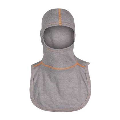 MajFire PRO-X2 VSO GY Hood shown in grey flame-resistant fabric with orange contrast stitching, featuring a full-coverage design for enhanced protection, comfort, and a secure fit.