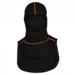 MajFire PRO-X2 VSO BLK Hood shown in black flame-resistant fabric with orange contrast stitching, featuring a full-coverage design for enhanced protection, comfort, and a secure fit.