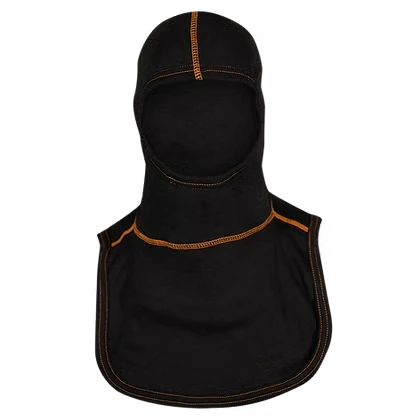 MajFire PRO-X2 VSO BLK Hood shown in black flame-resistant fabric with orange contrast stitching, featuring a full-coverage design for enhanced protection, comfort, and a secure fit.