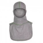 MajFire PRO-X2 VSKG GY Hood shown in grey flame-resistant fabric with green contrast stitching, featuring a full-coverage design for enhanced protection, comfort, and a secure fit.