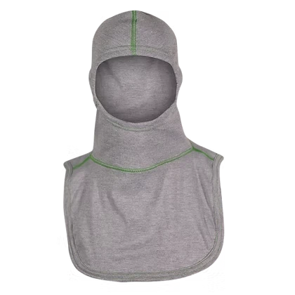 MajFire PRO-X2 VSKG GY Hood shown in grey flame-resistant fabric with green contrast stitching, featuring a full-coverage design for enhanced protection, comfort, and a secure fit.