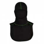 MajFire PRO-X2 VSKG BLK Hood shown in black flame-resistant fabric with green contrast stitching, featuring a full-coverage design for enhanced protection, comfort, and a secure fit.