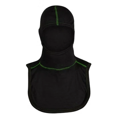 MajFire PRO-X2 VSKG BLK Hood shown in black flame-resistant fabric with green contrast stitching, featuring a full-coverage design for enhanced protection, comfort, and a secure fit.