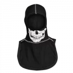 MajFire PRO-X2 FI Skull BLK Hood shown in black flame-resistant fabric with white contrast stitching and skull graphic, featuring a full-coverage design for enhanced protection, comfort, and a secure fit.