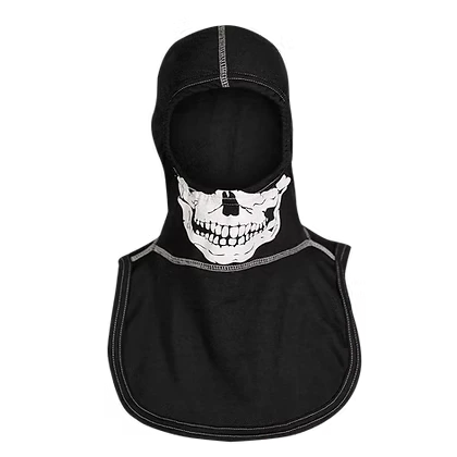 MajFire PRO-X2 FI Skull BLK Hood shown in black flame-resistant fabric with white contrast stitching and skull graphic, featuring a full-coverage design for enhanced protection, comfort, and a secure fit.