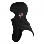 MajFire PRO-X2 FI PUNISH-RL BLK Hood shown in black flame-resistant fabric with Punisher-style skull graphic featuring red and white accents, designed with full coverage for enhanced protection, comfort, and a secure fit.
