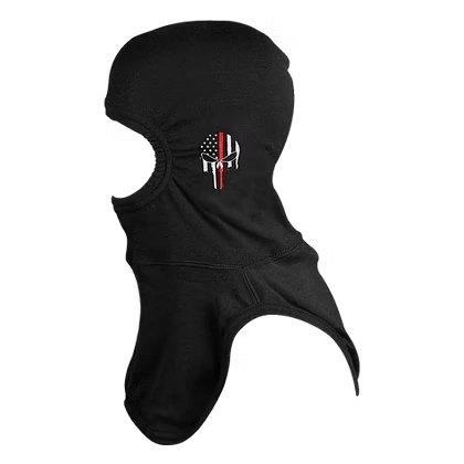 MajFire PRO-X2 FI PUNISH-RL BLK Hood shown in black flame-resistant fabric with Punisher-style skull graphic featuring red and white accents, designed with full coverage for enhanced protection, comfort, and a secure fit.