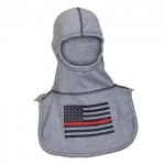 MajFire PRO-X2 FI FLAG-RL GY Hood shown in grey flame-resistant fabric with black American flag graphic and red line accent, featuring a full-coverage design for enhanced protection, comfort, and a secure fit.