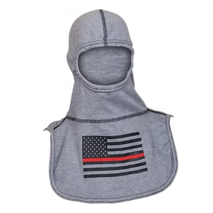 MajFire PRO-X2 FI FLAG-RL GY Hood shown in grey flame-resistant fabric with black American flag graphic and red line accent, featuring a full-coverage design for enhanced protection, comfort, and a secure fit.