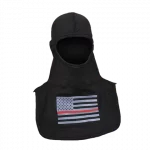 MajFire PRO-X2 FI FLAG-RL BLK Hood shown in black flame-resistant fabric with American flag graphic and red line accent, featuring a full-coverage design for enhanced protection, comfort, and a secure fit.