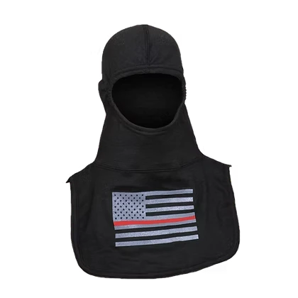 MajFire PRO-X2 FI FLAG-RL BLK Hood shown in black flame-resistant fabric with American flag graphic and red line accent, featuring a full-coverage design for enhanced protection, comfort, and a secure fit.