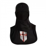 MajFire PRO-X2 FI Flag Pikeaxe BLK Hood shown in black flame-resistant fabric with American flag and crossed pike axe graphic, featuring a full-coverage design for enhanced protection, comfort, and a secure fit.