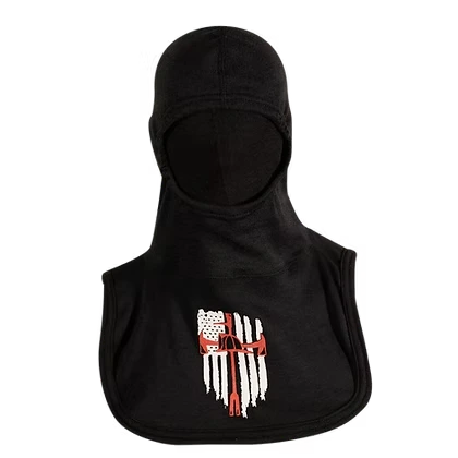 MajFire PRO-X2 FI Flag Pikeaxe BLK Hood shown in black flame-resistant fabric with American flag and crossed pike axe graphic, featuring a full-coverage design for enhanced protection, comfort, and a secure fit.