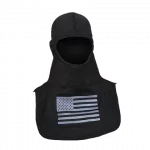 MajFire PRO-X2 FI Grey Flag BLK Hood shown in black flame-resistant fabric with grey American flag graphic, featuring a full-coverage design for enhanced protection, comfort, and a secure fit.