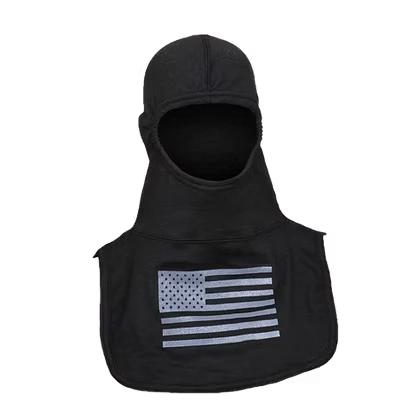 MajFire PRO-X2 FI Grey Flag BLK Hood shown in black flame-resistant fabric with grey American flag graphic, featuring a full-coverage design for enhanced protection, comfort, and a secure fit.
