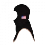 MajFire PRO-X2 EMB Flag PG BLK Hood shown in black flame-resistant fabric with embroidered American flag detail and light contrast trim, featuring a full-coverage design for enhanced protection, comfort, and a secure fit.
