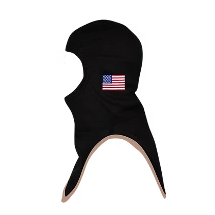 MajFire PRO-X2 EMB Flag PG BLK Hood shown in black flame-resistant fabric with embroidered American flag detail and light contrast trim, featuring a full-coverage design for enhanced protection, comfort, and a secure fit.