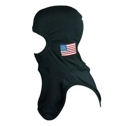 MajFire PRO-X2 EMB Flag BLK Hood shown in black flame-resistant fabric with embroidered American flag detail, featuring a full-coverage design for enhanced protection, comfort, and a secure fit.