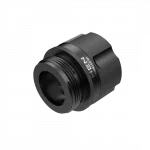 HEN TURBO 2.5 black anodized aluminum fire hose adapter fitting with 2.5-inch NH threaded connections on a white background.