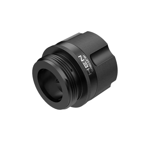 HEN TURBO 2.5 black anodized aluminum fire hose adapter fitting with 2.5-inch NH threaded connections on a white background.