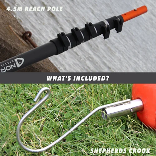 Northern Diver 4.5m telescopic reach pole and shepherd's crook compatible attachment shown on concrete and grass surfaces.