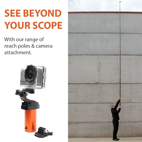 Northern Diver Reach Pole GoPro Fitting promotional graphic showing the waterproof camera mount attachment beside a person extending a tall reach pole against a concrete wall.