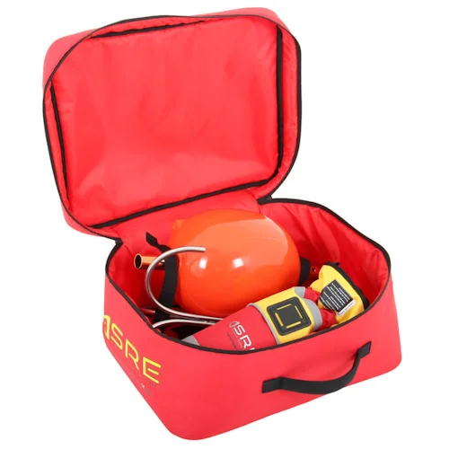 Northern Diver 36L Reach Pole Attachments Storage Bag open to show an orange buoy attachment and yellow rescue accessories packed inside.