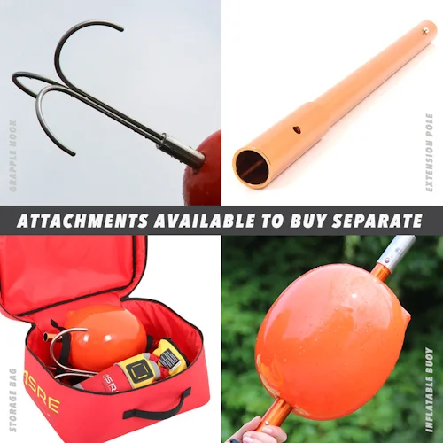 Northern Diver reach pole separate compatible attachments and accessories: grapple hook, extension pole, inflatable buoy, and storage bag.
