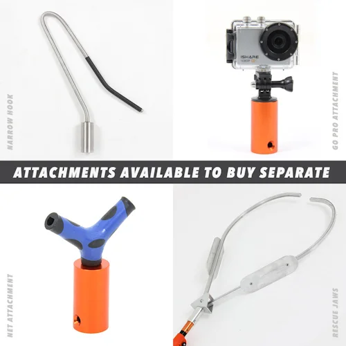 Northern Diver reach pole separate compatible attachments available: narrow hook, GoPro mount, net attachment, and rescue jaws.