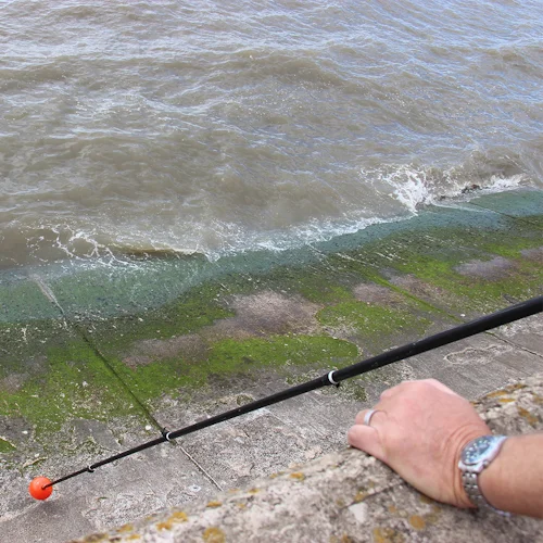 Hand extending a Northern Diver telescopic reach pole with inflatable buoy attachment toward waves at an algae-covered concrete embankment.