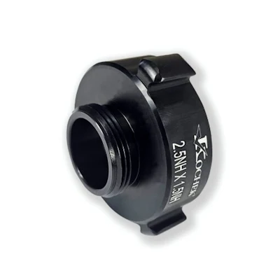 Kochek black aluminum 37R rigid rocker lug 2.5 NH female by 1.5 NH male coupling adapter.