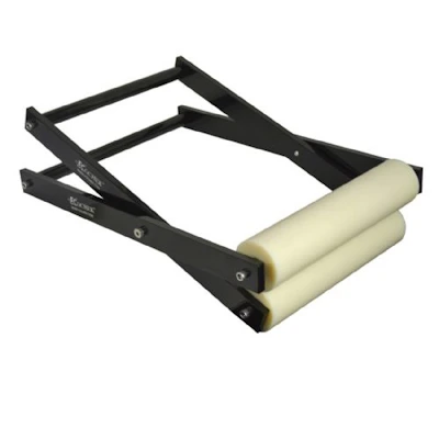 Kochek black steel hose roller with dual foam rollers for fire hose deployment.