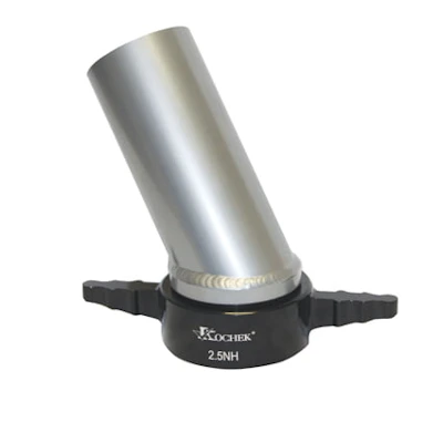 Kochek 2.5 NH female thread hydrant flushing elbow with aluminum spout and thread wrench handles.
