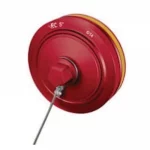 Kochek red aluminum Storz hydrant cap with pentagon nut and attached cable.
