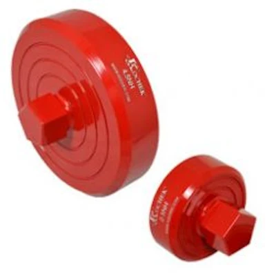 Kochek red aluminum threaded hydrant caps with pentagon nut in two sizes.