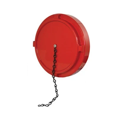 Kochek red aluminum dry hydrant NH cap with attached chain.