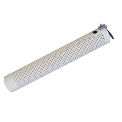 Kochek white PVC horizontal strainer with perforated screen and back flushing cover.