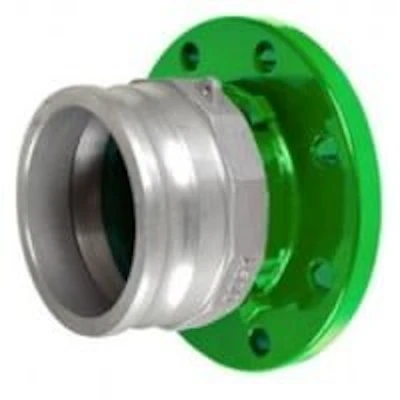 Green Kochek rigid camlock-to-flange adapter with stainless steel cam arm coupling and bolt-hole flange.