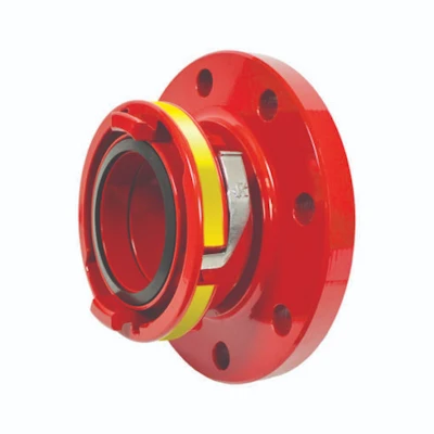 Red Kochek Storz-to-flange adapter with quick-connect coupling and bolt-hole flange for fire hydrant and hose connections.