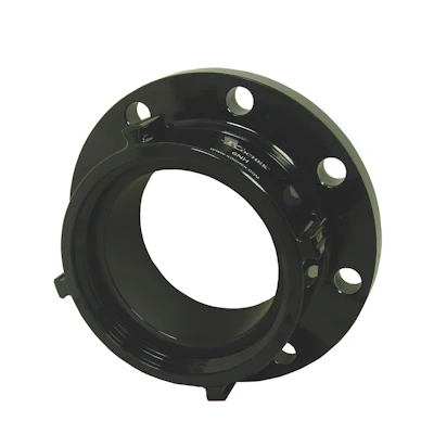 Black Kochek female swivel rocker lug-to-flange adapter with bolt-hole flange for fire hose connections.