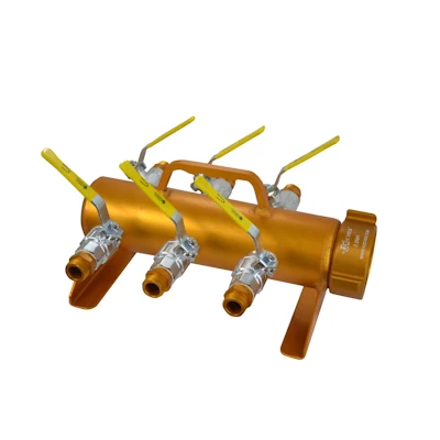 Kochek high-pressure gold manifold with female swivel rocker lug inlet and six ball-valve controlled male GHT outlets for multi-line water distribution.