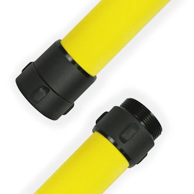 Yellow Kochek DJEP double-jacket polyester hose with EPDM rubber lining and black threaded couplings on each end.