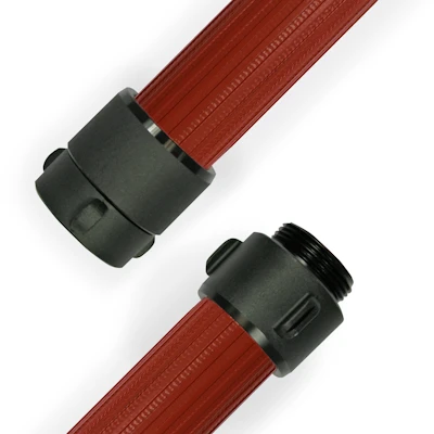 Red Kochek RCEP nitrile/PVC rubber covered hose with ribbed texture and black threaded couplings on each end.